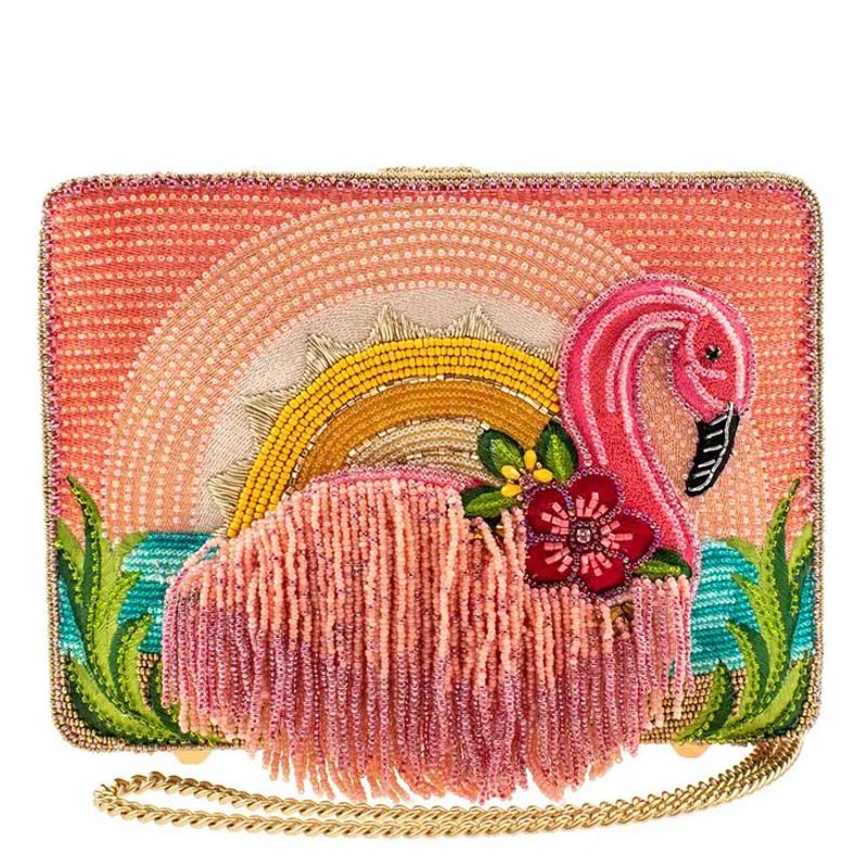 beaded fringed flamingo clutch purse