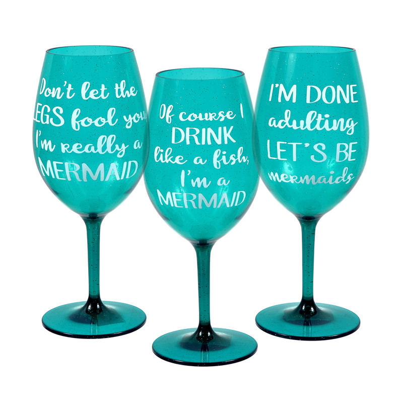 Teal wine glasses that say funny mermaid phrases