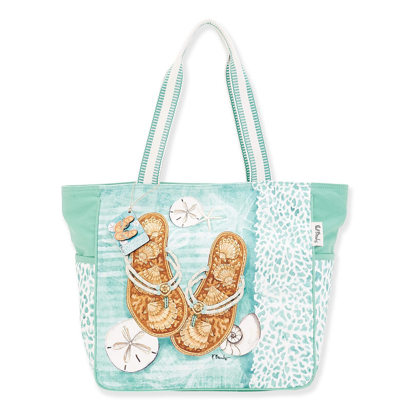 beach bag with slippers and seashells