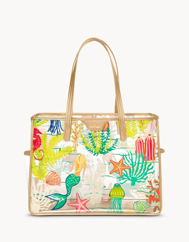 A golden mermaid clear beach tote