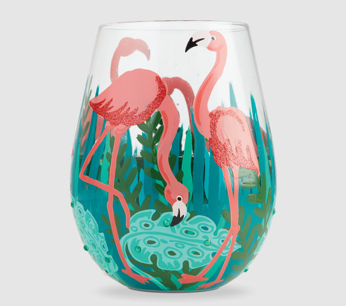 stemless wine glass with flamingos