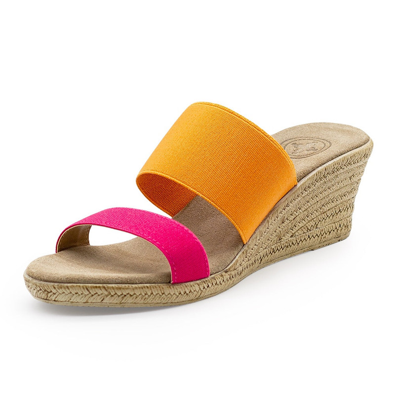 two-tone pink and orange wedge sandals